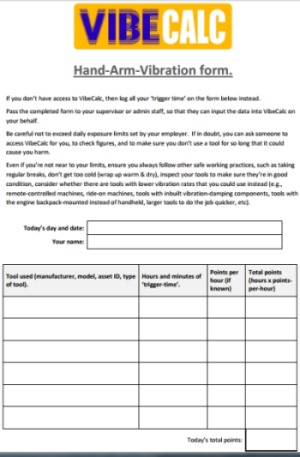 Screengrab of paper HAVS form